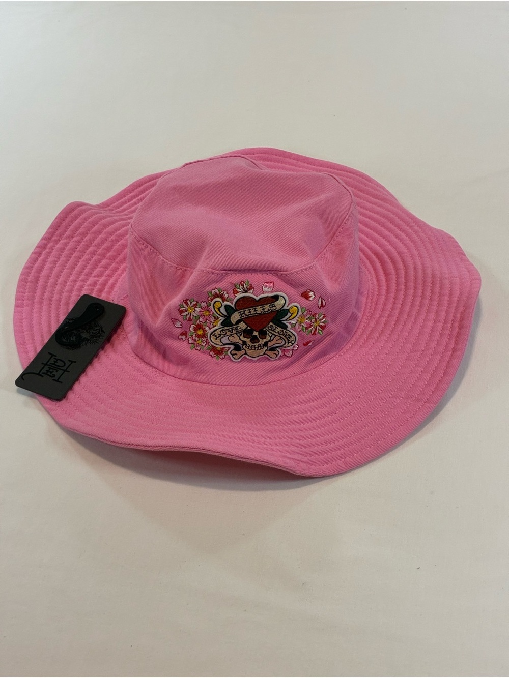 Ed Hardy Pink Bucket Hat with Heart Skull Embroidered Patch